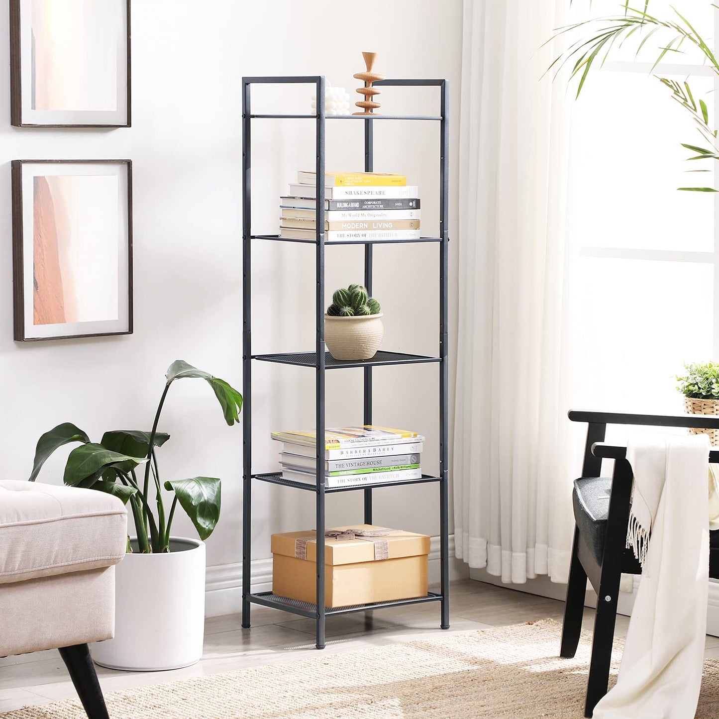 SONGMICS 5-Tier Storage Rack, Bathroom Shelf, Extendable Plant Stand with Adjustable Shelf, for Bathroom, Living Room, Balcony, Kitchen, Black UBSC35BK, 11.8 x 15 x 50.4 Inches