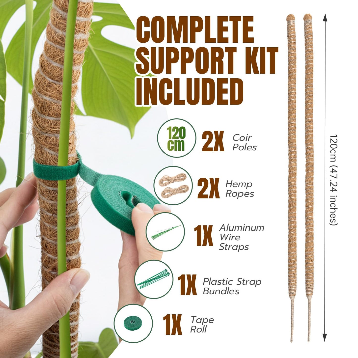 Mcbazel 2 Pack 47 Inch Bendable Moss Pole for Plants Monstera - Tall Coco Coir Plant Support Stakes for Large Indoor Climbing Plants Vines - Flexible Totem Stick Kit with Full Garden Ties