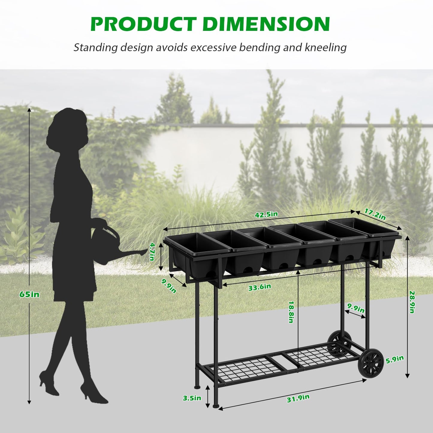 Vrisa Plastic Raised Garden Bed Outdoor with Legs 43x17x29 in Elevated Standing Planter Box with Storage Shelf and Wheels Vegetables Herbs Flowers Gardening Boxes for Backyard, Patio, Balcony, Black