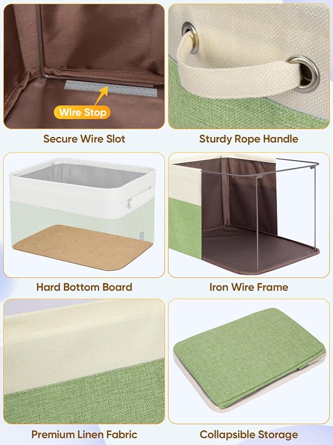 BALEINE 3 Pack Fabric Closet Storage Bins for Shelves, Linen Closet Organizers and Storage, Decorative Baskets for Organizing, Shelf, Clothes, Home, Office (Green, 14''x10''x8.5'')