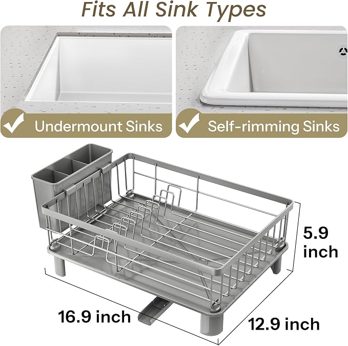 SNTD Dish Drying Rack - Small Dish Rack for Kitchen Counter, Stainless Steel Dish Drainer with Utensil Holder and Drainboard, 12.9" W x 16.9" L (Grey)
