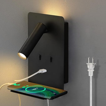ZEROUNO Plug in Wall Sconce with Switch LED Bedside Lamp Bedroom Wall Mounted Reading Light with USB Port Wall Lighting 3000K（Black）