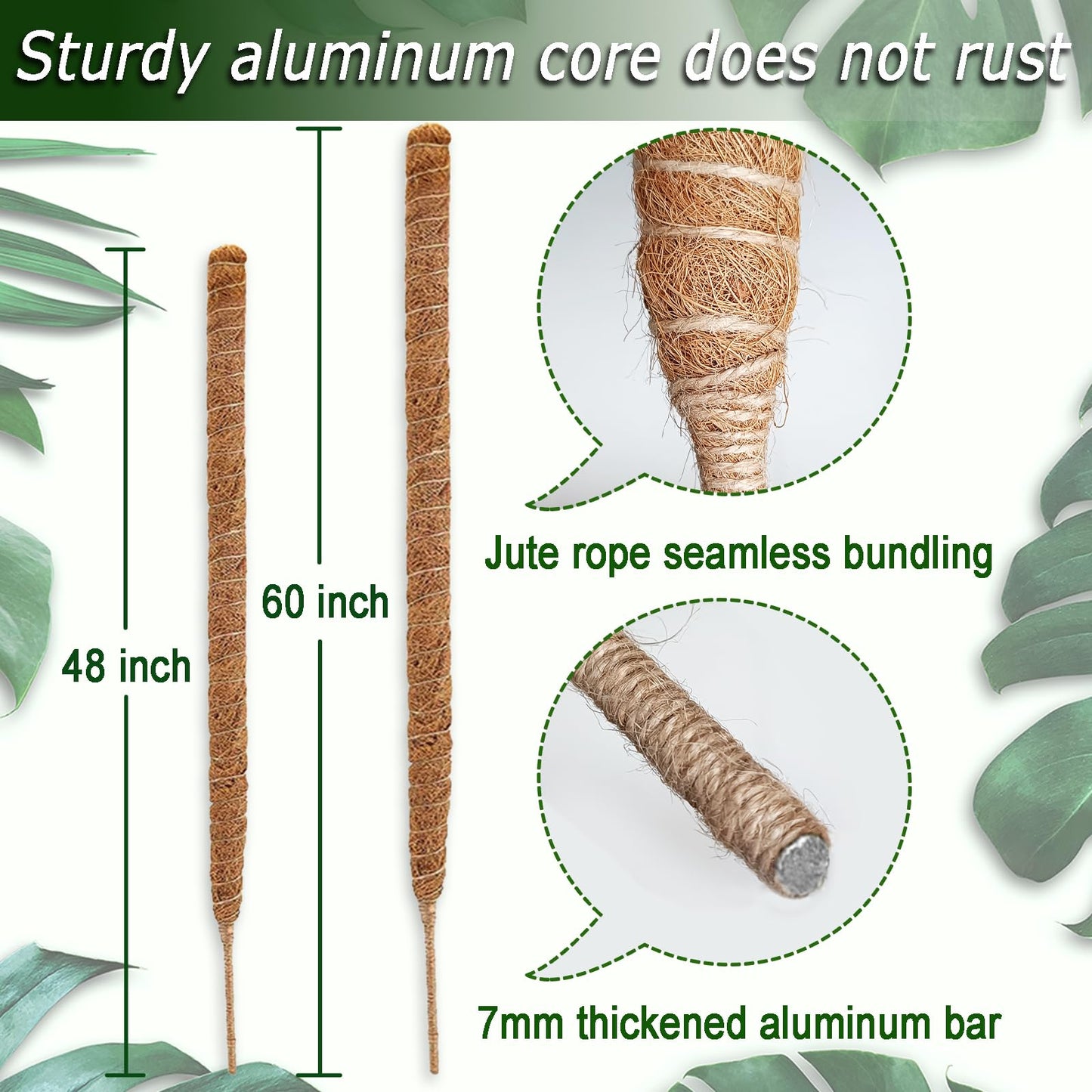 Tall Moss Pole Set, 48” and 60” Bendable Moss Pole for Plants Monstera, Moss Poles for Climbing Plants Indoor, Large Coco Coir Plant Pole Sticks Support Stakes for Potted Plants, Pothos