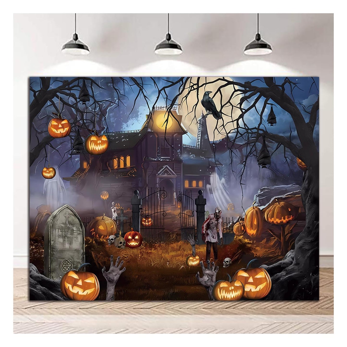 Halloween Theme Backdrop 8x6ft for Photography Scary Ghost Castle Moon Night Scary Pumpkin Lantern Crow Photo Background for Horror Halloween Party Portraits Decor Banner