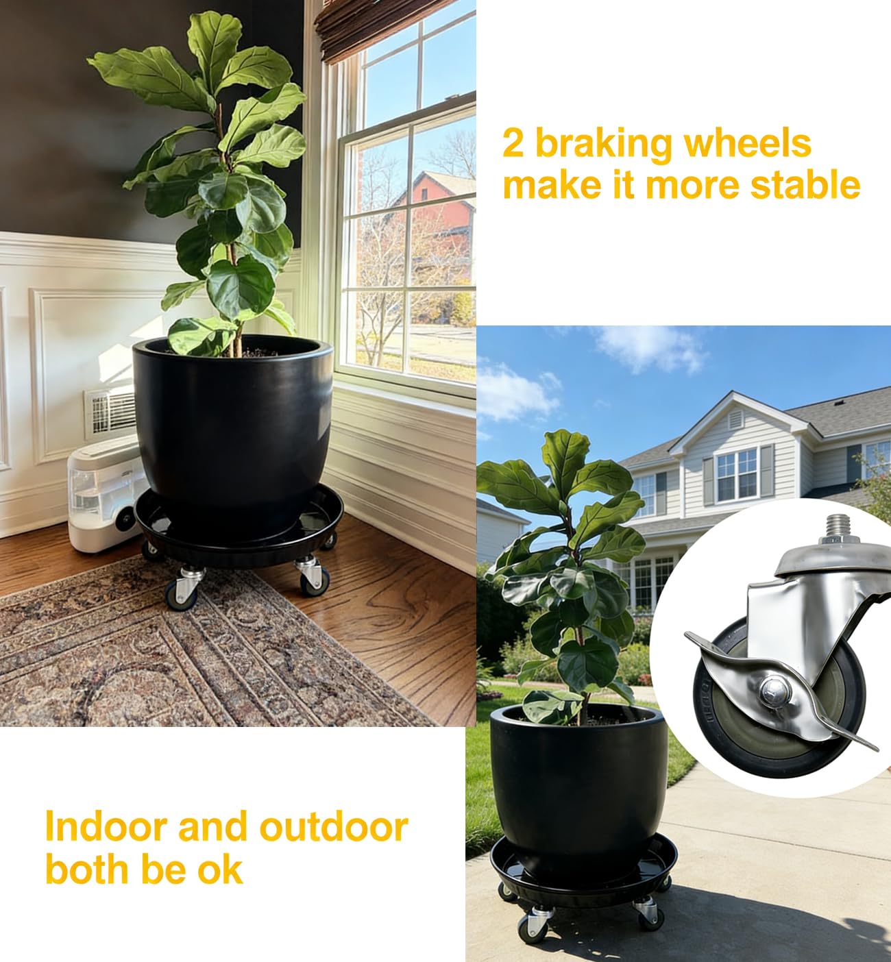 SIAMO 16" Heavy Duty Plant Caddy (430lbs Capacity)-Lockable Non-Scratch Swivel Casters Rolling Plant Stand Saucer for Large Ceramic Planters & Heavy Trees Indoor & Outdoor,2-Pack,Black