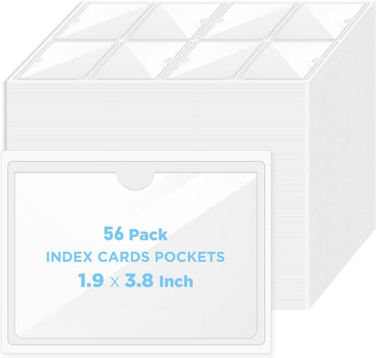 56 Pack Clear Self-Adhesive Pockets, 1.9" x 3.8" Index Card Pockets With Top Open Loading, PVC Label Holders for Organizing storage bins, Library Card, Drawer, and Protecting Your Cards