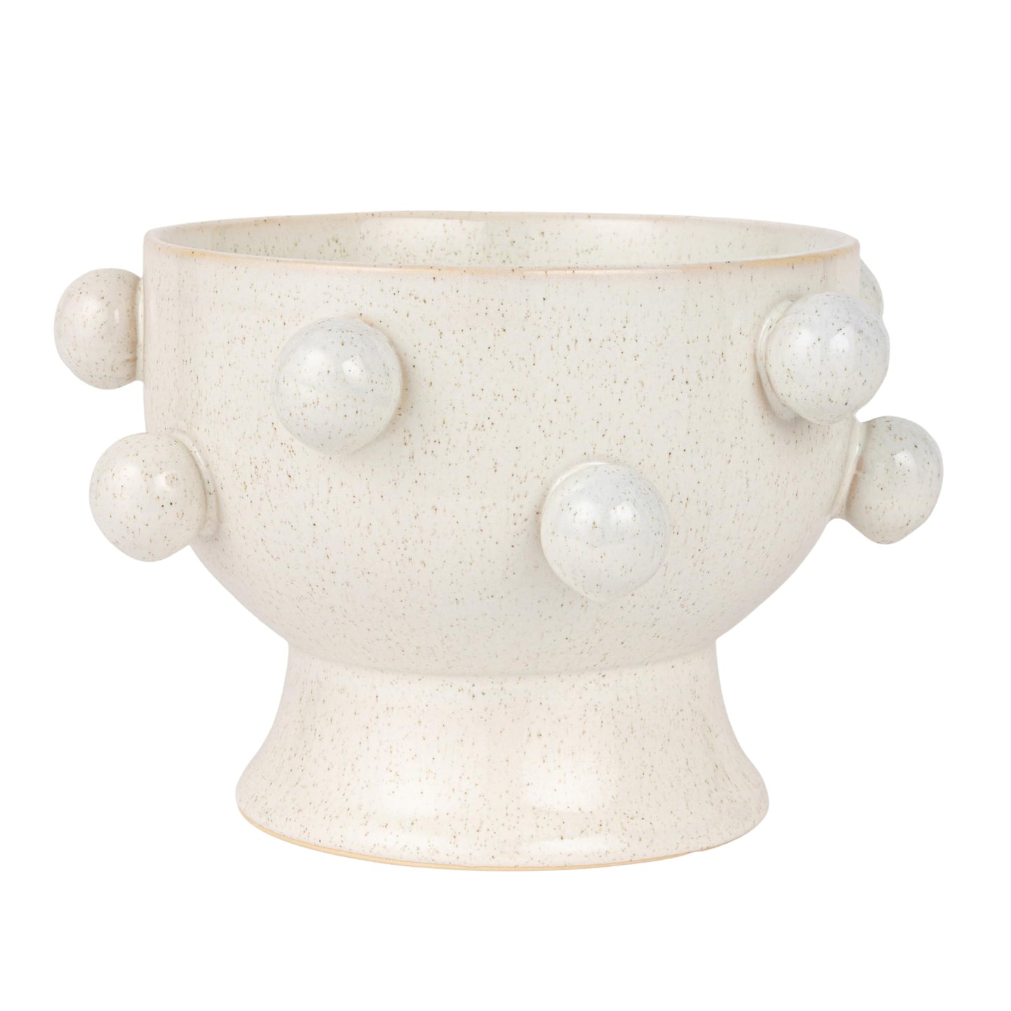 9 Inches Round Stoneware Planter with Orbs and Reactive Glaze, Holds 8 Inches Pot, Speckled Cream