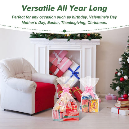 30 Packs 32 x 40 Inches Extra-large Gift Wrap Cellophane Bags for Basket Jumbo Clear Cellophane Wraps Clear Huge Cello Bags for Basket, Gift, Christmas Tree, Treat, Art and Craft, 30ct Red Ribbon Bows