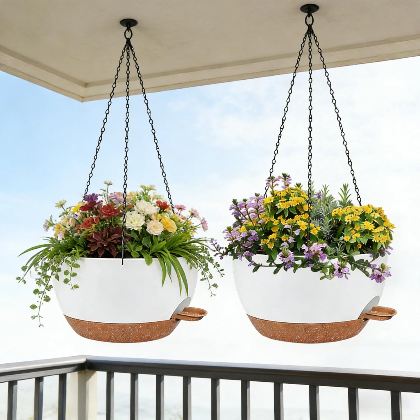 zople 2 Pack 12 Inch Self Watering Hanging Planters for Indoor Plants, Large White Brown Plastic Hanging Pots with Chains for Outdoor Patio Garden Home Decor White Brown