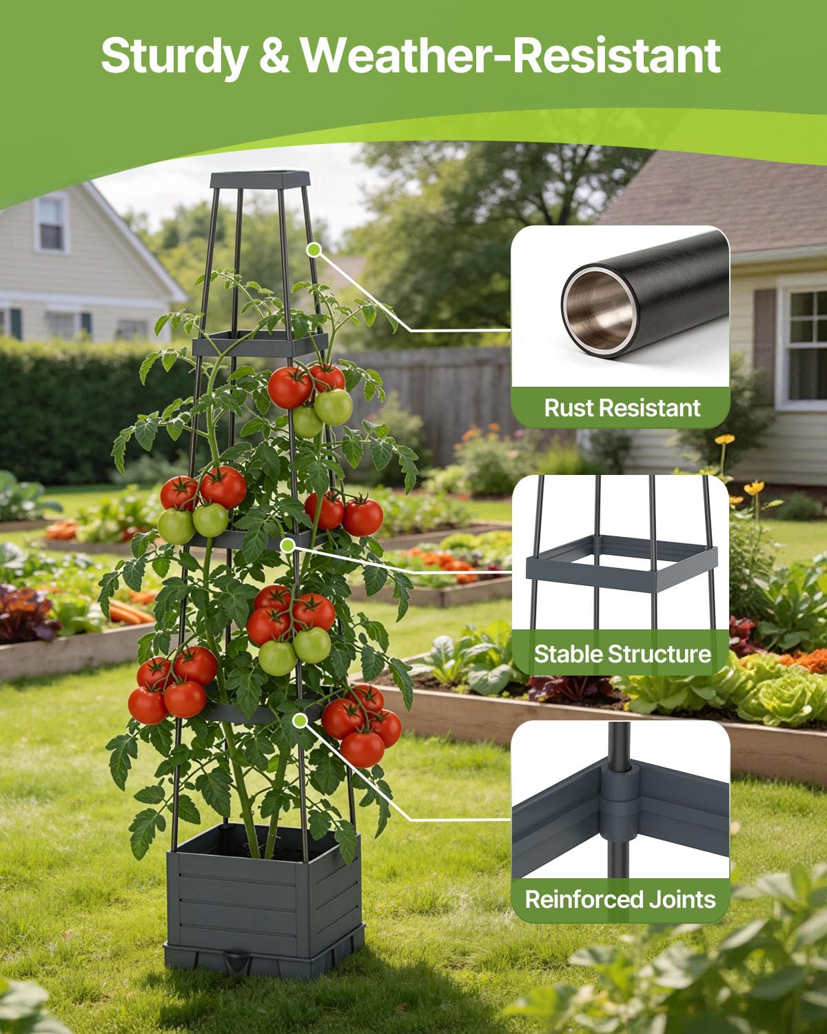 Suteck Raised Garden Bed Planter Box with Trellis, 2-Pack Self-Watering Tomato Planter with Adjustable Height Steel Support Frame for Climbing Plants, Tomato Cages for Patio, Balcony & Outdoor