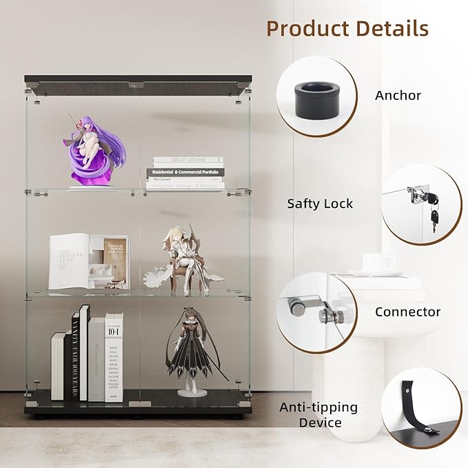 Display Cabinet with Glass Door and Lock, 3-Shelf Fast Installation Curio