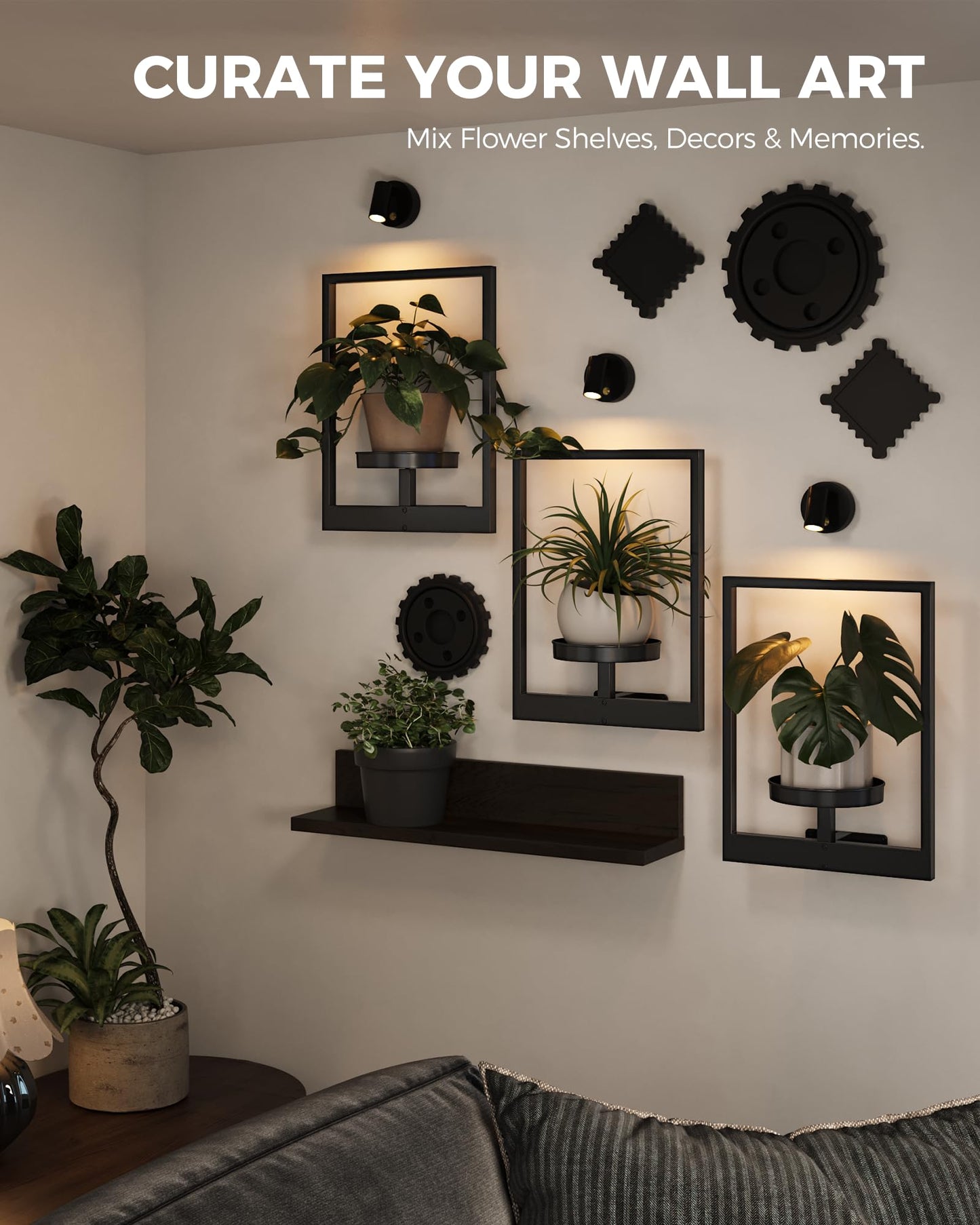 Bamworld Hanging Planters for Indoor Plants Wall Decor Living Room Plant Stand Indoor Wall Planters Plant Hanger Window Plant Shelves 3-Packs with Lights