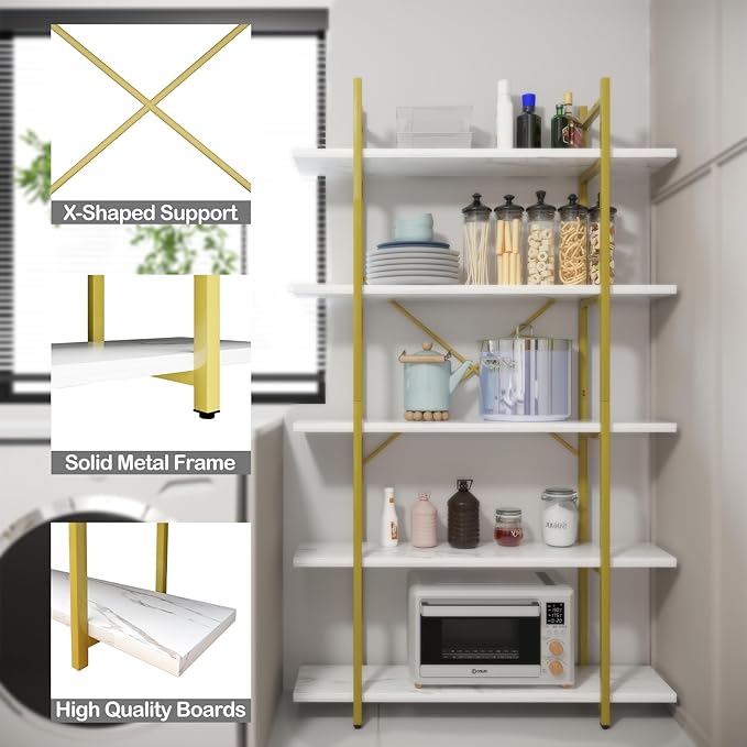 5 Tiers Bookshelf Organizer White Faux Marble Shelf, Modern Open Display