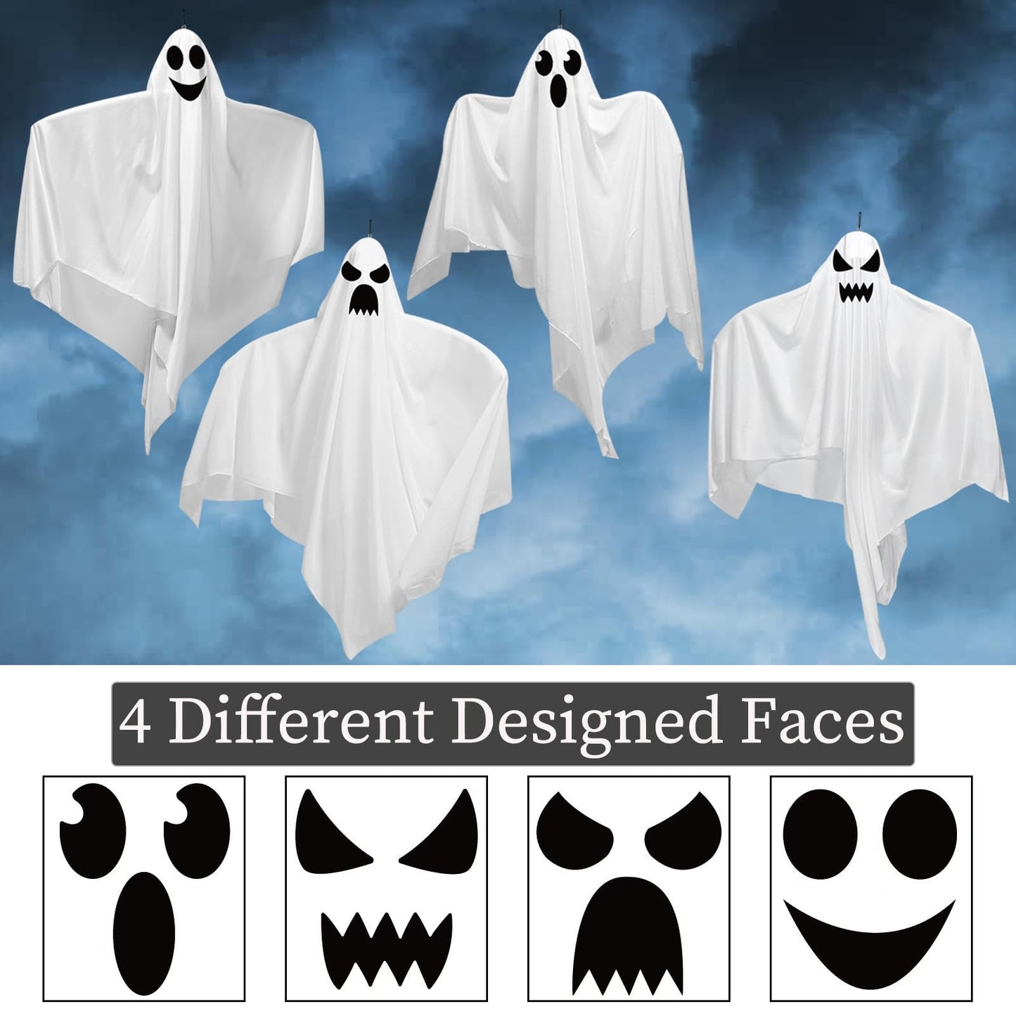 4 Pack 31.5" Halloween Hanging Ghosts, Cute Flying Ghost Halloween Party Decorations for Front Yard Patio Lawn Garden Holiday Decorations
