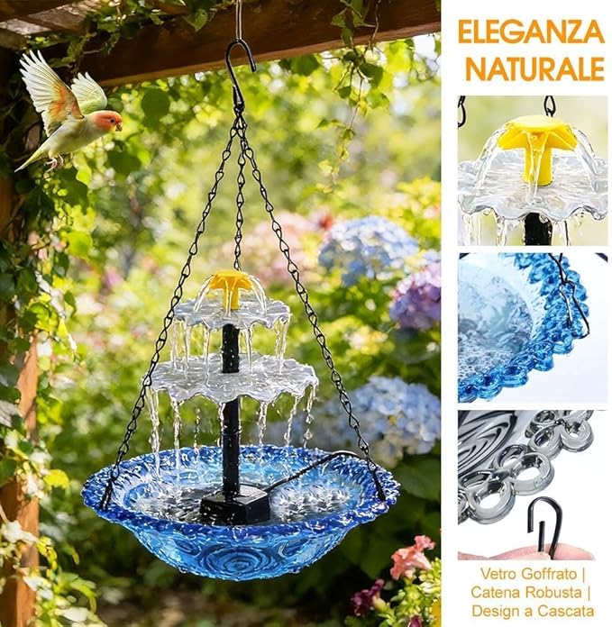Solar Fountain for Bird Bath，Solar Cascade Hanging Bird Bath Fountain，Large Humming Birds Baths Fountains, with Solars Pump & Glass Bowl, for Outdoor, Gardens (Pink)