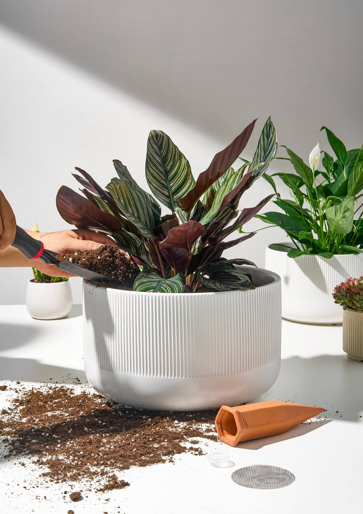 Jardin Tesoro Ceramic Planters - 10+12 Inch Large Pots for Indoor & Outdoor Plants, Modern Flower Pots with Drainage Holes and Self Watering Devices, House White Big Plant Pot, Set of 2