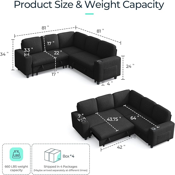 LINSY HOME Sectional Sleeper Sofa Pull Out Couches