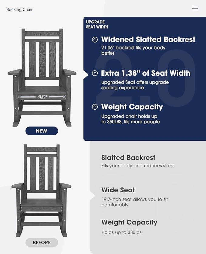 KINGYES Oversized Outdoor Rocking Chair, All-Weather Patio Rocking Chairs
