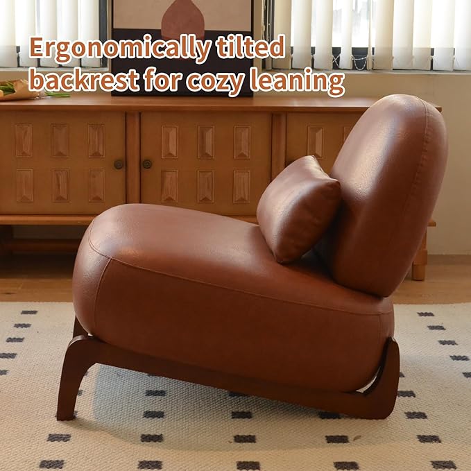 KEIKI Accent Chair with Solid Wood Legs, Faux Leather Single Seat Sofa