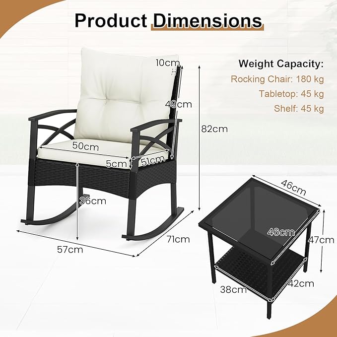 Tangkula 3 Pieces Outdoor Rocking Chairs Set, Rattan Heavy Duty Cushioned