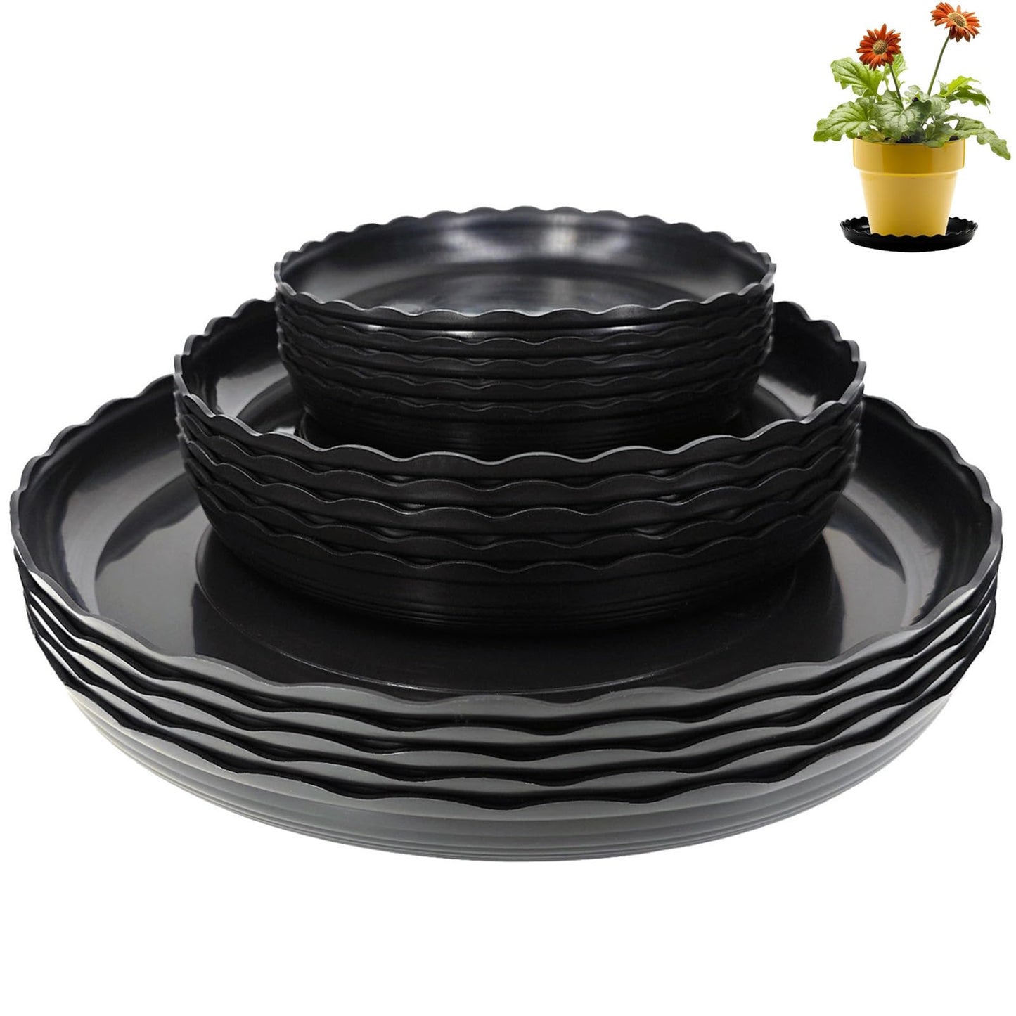 OFiSEXPT 15 Pcs Plant Saucer Set, 6, 8, 10 Inch Plastic Pot Trays, Flower Planter Saucers, Drip Trays for Indoor/Outdoor, Sturdy Plant Plate Water Catcher (Black)
