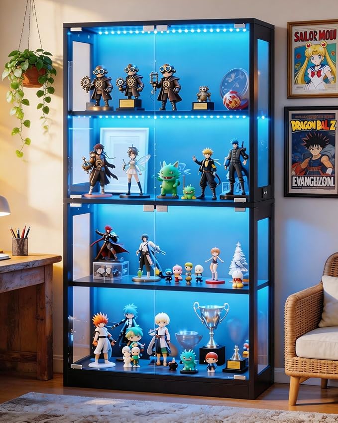 Airynee Display Cabinet with Glass Doors, 4-Tier Curio Cabinet with 7 Vibrant 3