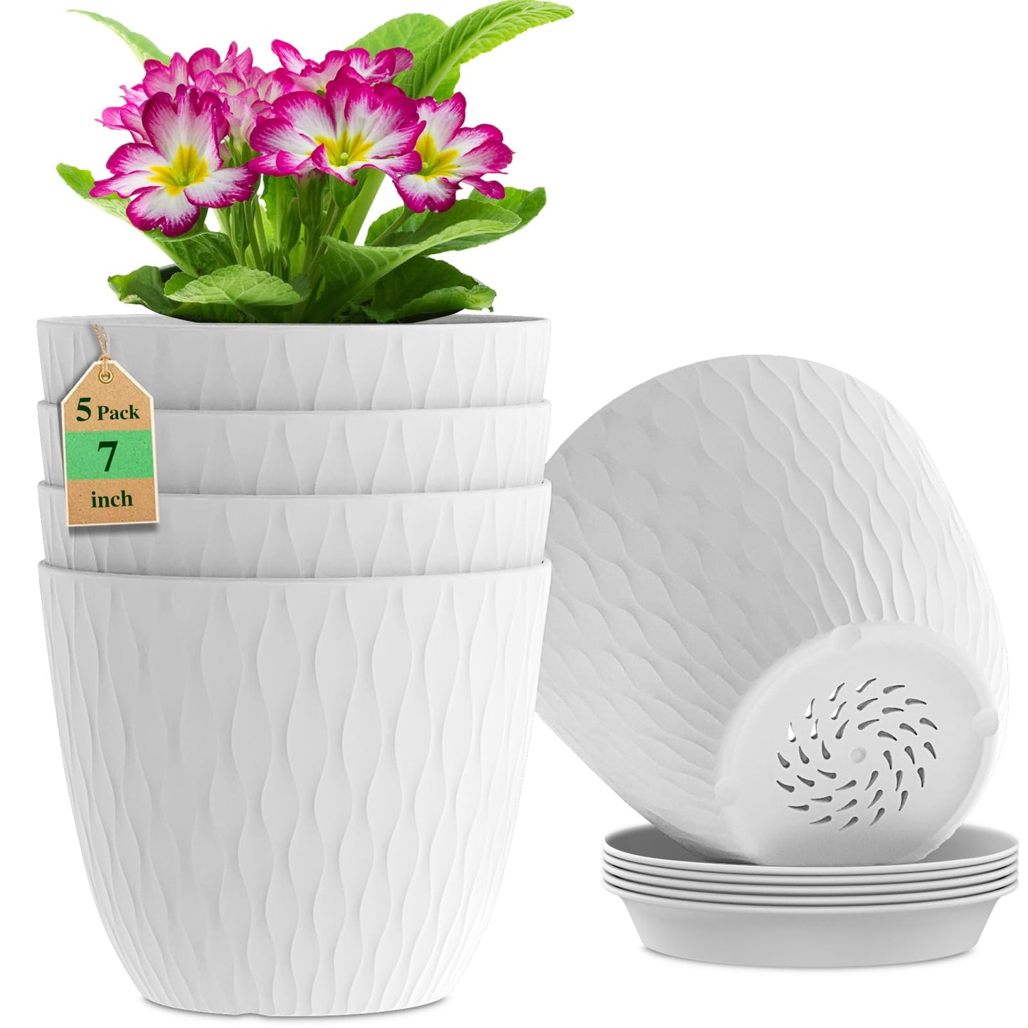 WSMKSZ 7 inch Plant Pots, 5 Pack Flower Pots with Drainage Holes and Saucers for Indoor Plants, Plastic Planters with Water Ripple for Small Garden House Plants, Nursery Pots for Succulent, White