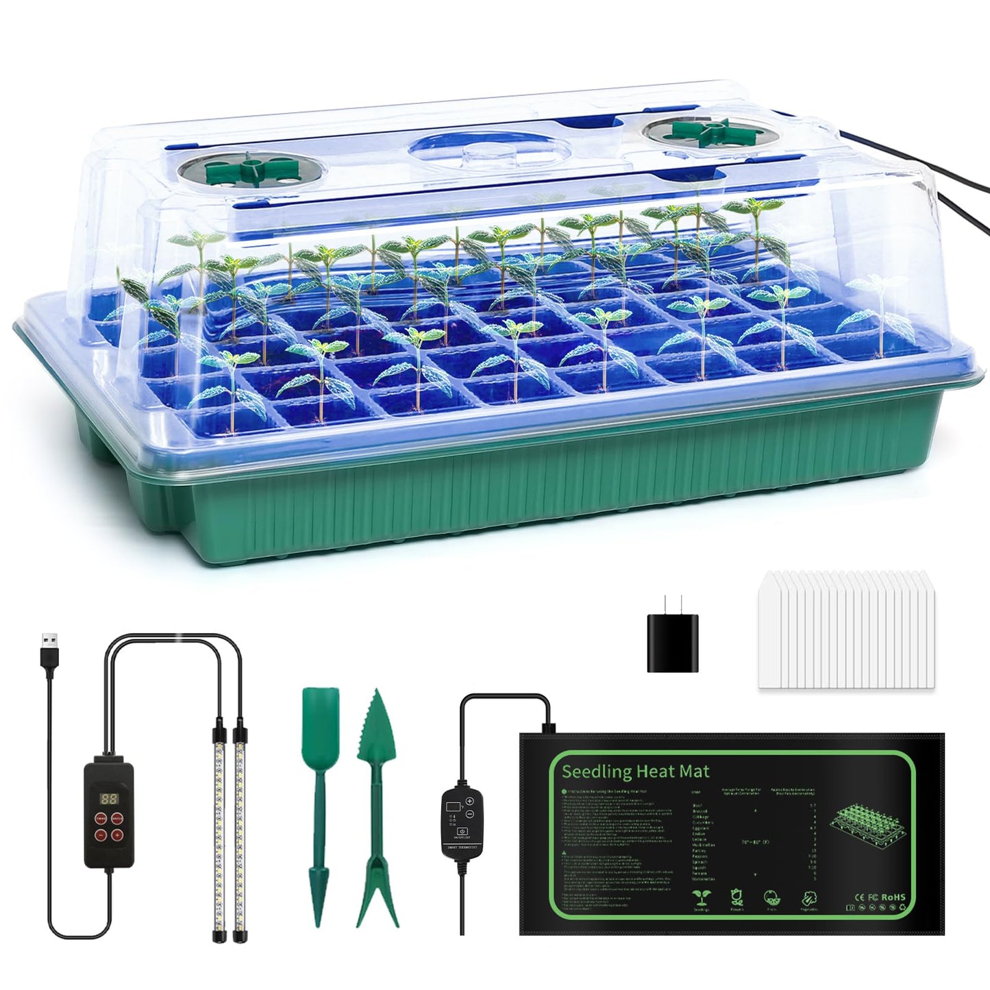 joyhalo 40 Cell Seed Starter Kit with Grow Light and Graphene Heating Mat, Reusable Seed Starter Tray with Higher 4.7”Humidity Domes, Garden Plant Germination Station