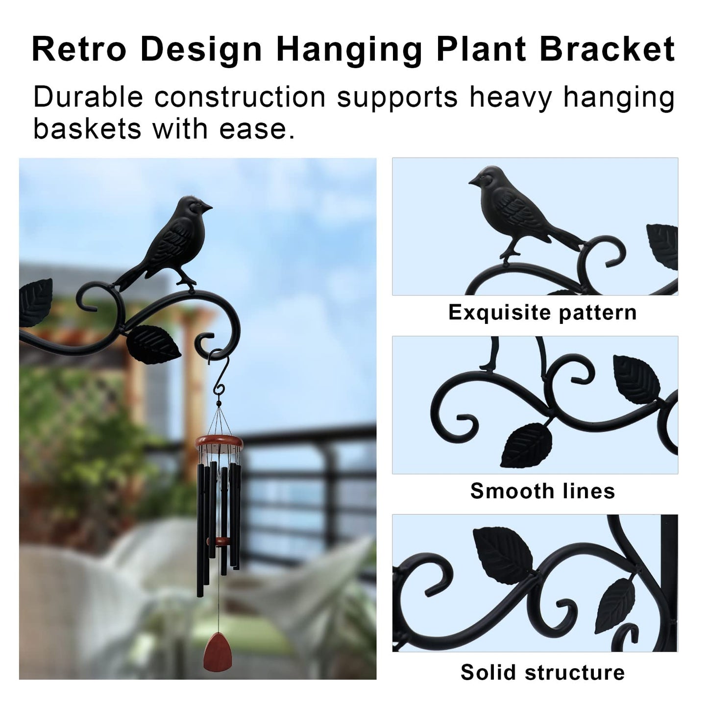 JIALAI HOME Hanging Plants Bracket 12" Bird Planter Outdoor Hooks Hangers for Flower Baskets Pot Bird Feeder Wind Chimes Lanterns Patio Garden Outdoor Indoor Metal Black, 2 Pack