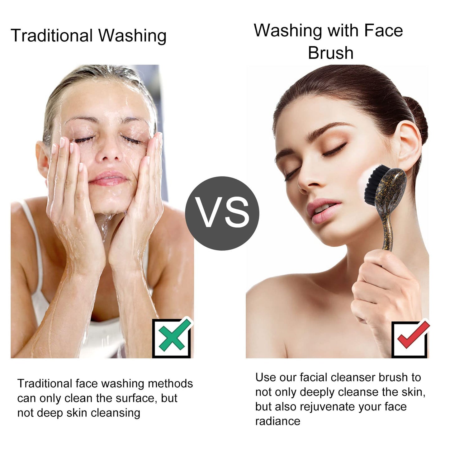 2 Pcs Large Facial Cleansing Brush, Face Brush Cleanser, Upgraded Soft Exfoliating Face Wash Brush Face Scrubber for Skincare, Black Charcoal Bristles Glitter Handle