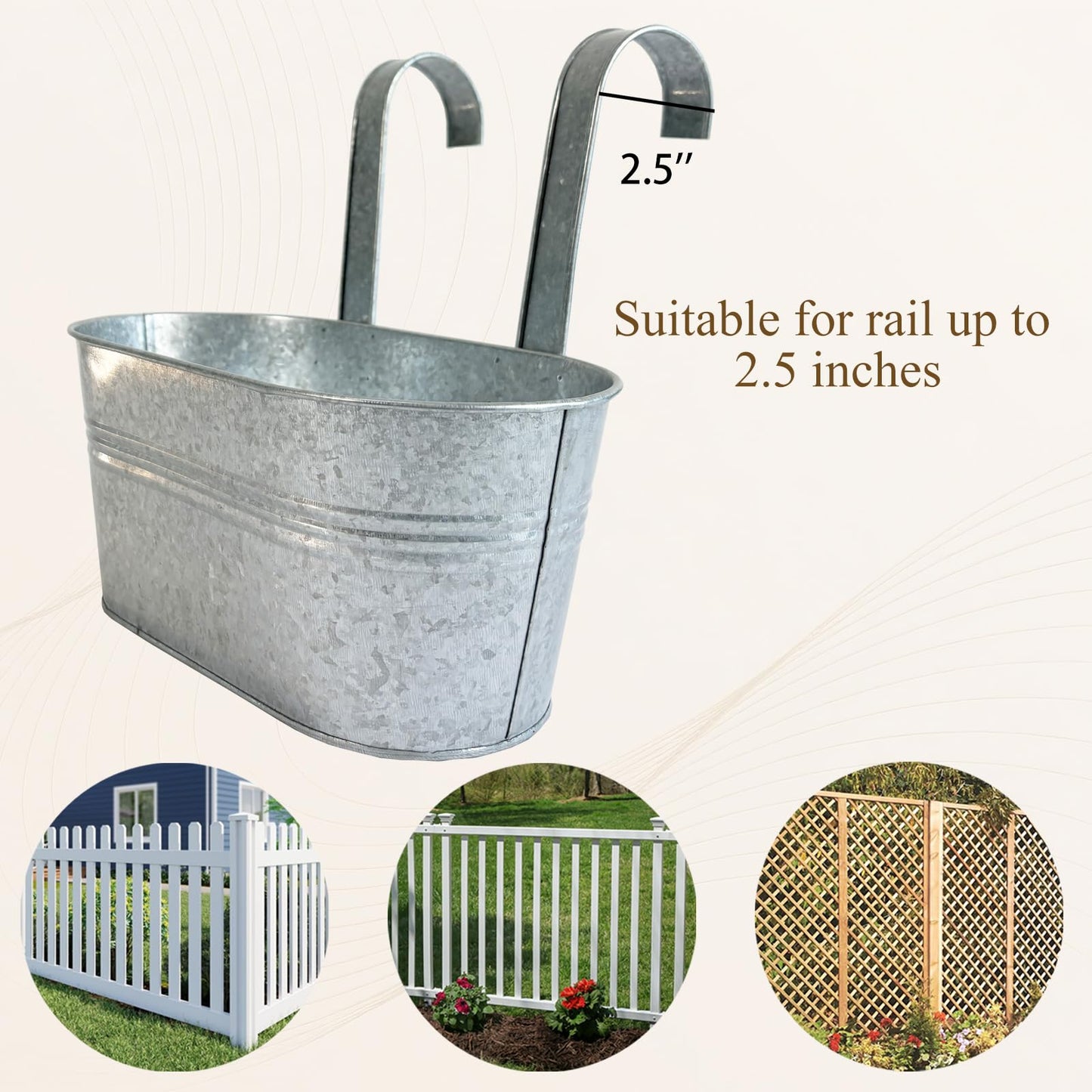 Joyfernal Balcony Galvanized Hanging Planters Railing Flower Pots, Outdoor Metal Fence Planter Pot with Detachable Hooks Drain Hole for Garden Patio Yard Decor (10 Inch, 2Pcs)