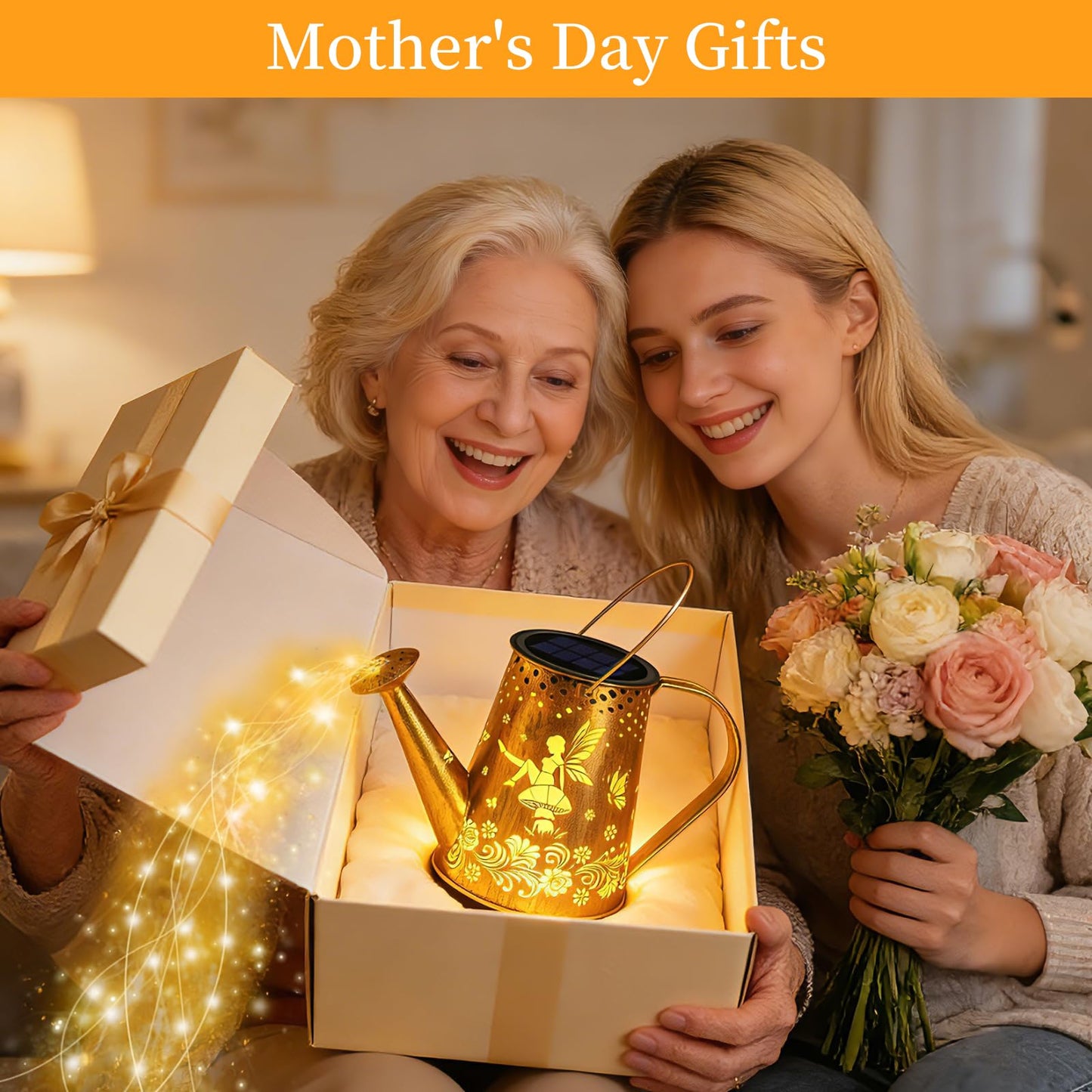 YJFWAL Solar Watering can with Lights, Unique Gifts for Mom Grandma Women Birthday, Waterproof Gardening Gifts Watering Can with Cascading Lights Outdoor Decor for Garden Patio Yard Pathway Backyard