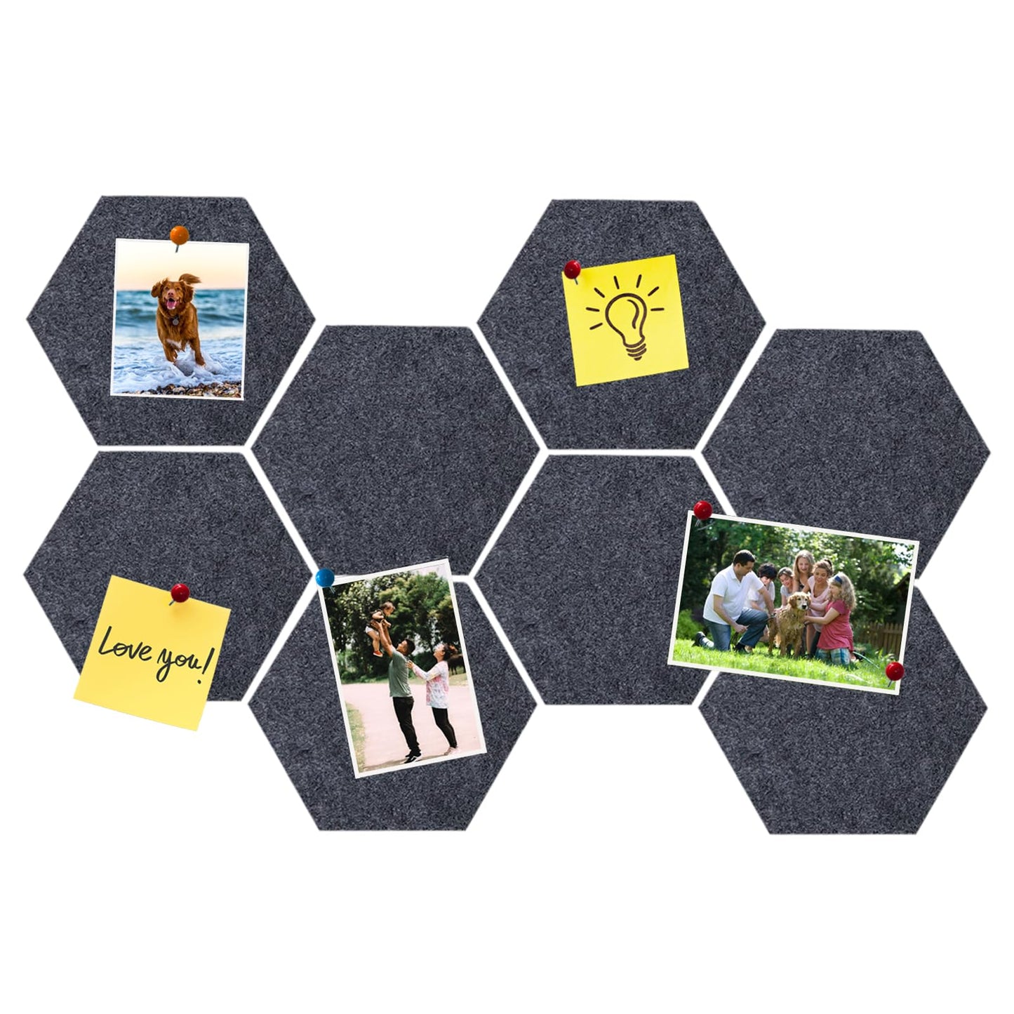 HULAVO 8 Pcs Hexagon Felt Cork Bulletin Board Tiles, Self Adhesive DIY Bulletin Board Pin Board for Office School Home Wall Decor Memos Photos Display(Deep Grey)