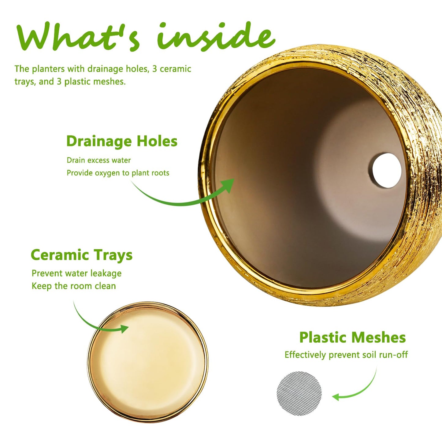EPFamily Flower Pots for Indoor & Outdoor Plants - Ceramic Pots 10 Inch, 8 Inch, 6 Inch with Drainage Holes, Saucers - Decorative Large Planters Set of 3 Gold
