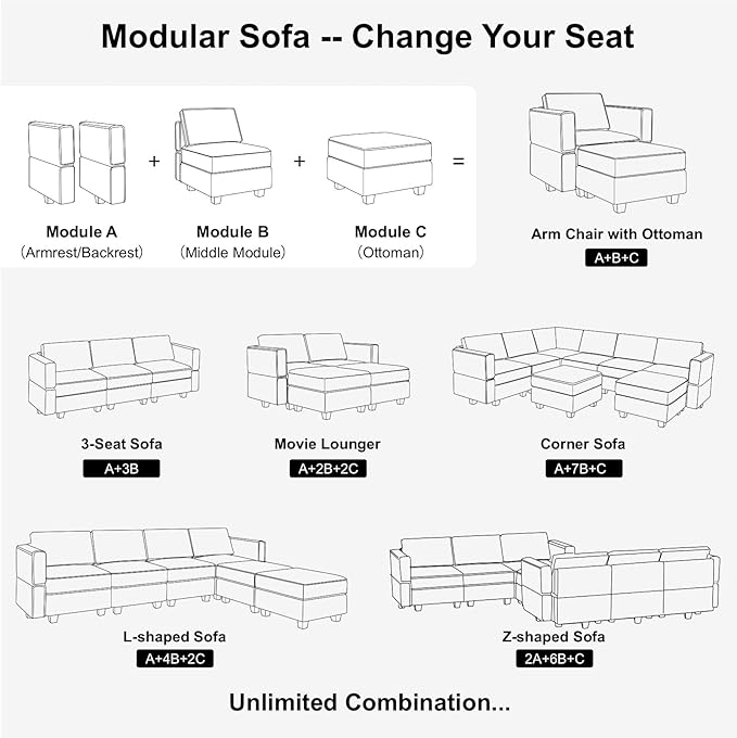 Belffin Fabric Modular Sectional Sofa Storage Ottoman Module Couch Side
