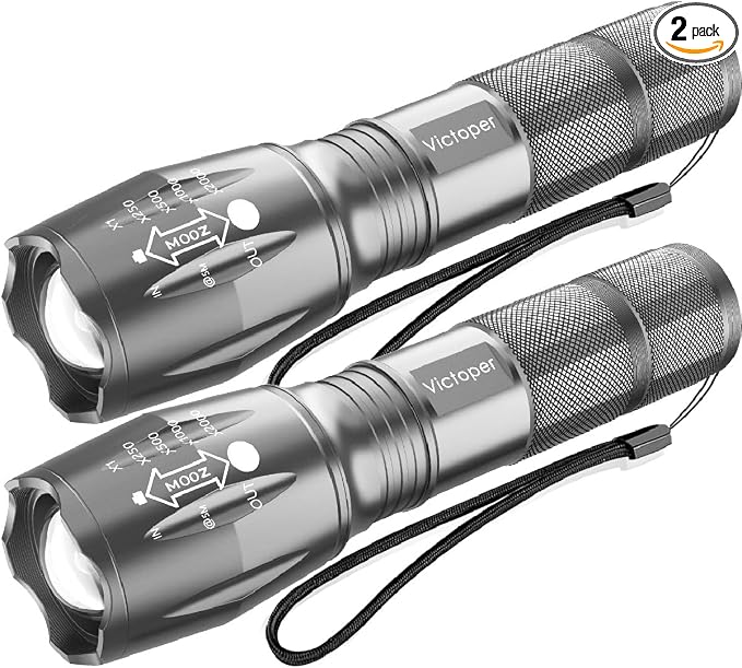 Victoper LED Flashlight 2 Pack Grey, Bright High Lumens Tactical Flashlights High Lumens with 5 Modes, Waterproof Zoomable Flash Light for Outdoor, Gifts for Father's Day Camping Essentials Gear