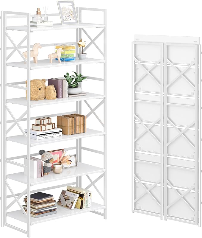 4NM 6 Tiers No Assembly Book Shelves, 61.8" H Folding Bookshelf Bookcase Open