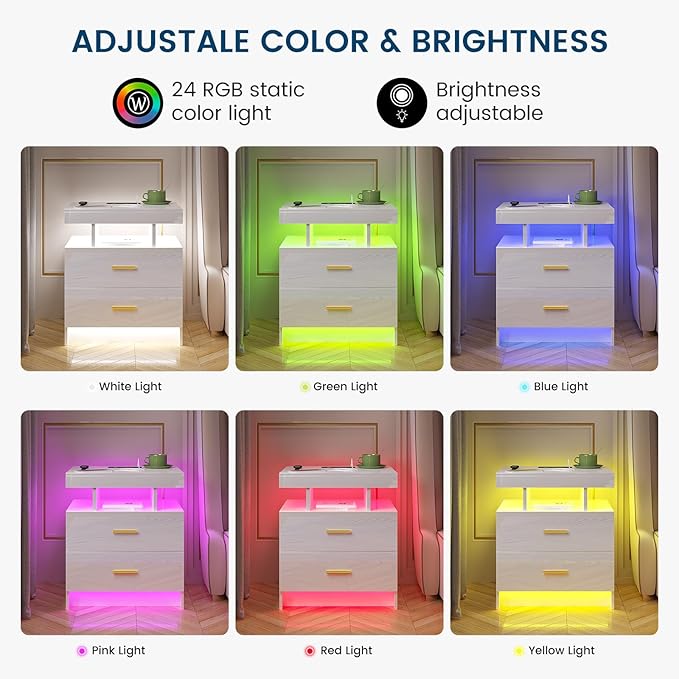 HNEBC Auto LED Nightstand with Wireless Charging Station & USB Ports, High