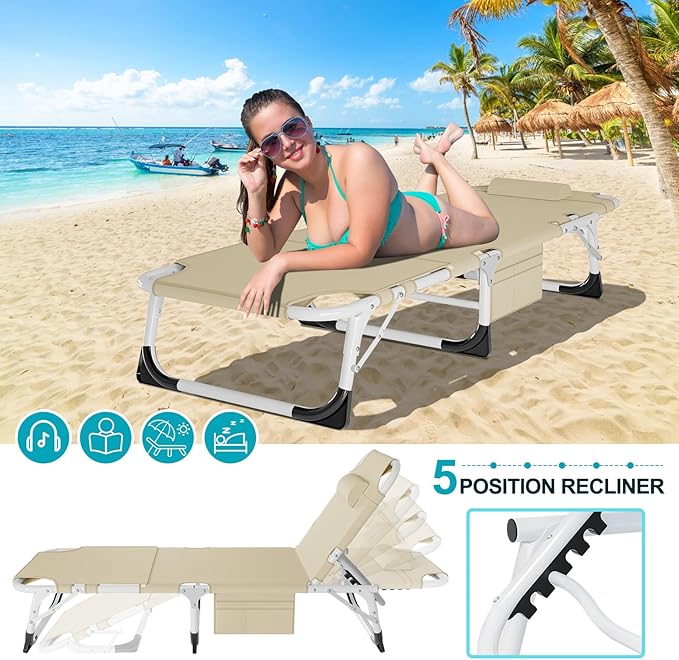 ABORON Oversized Folding Sun Tanning Chair, 3 in 1 5-Position Adjustable