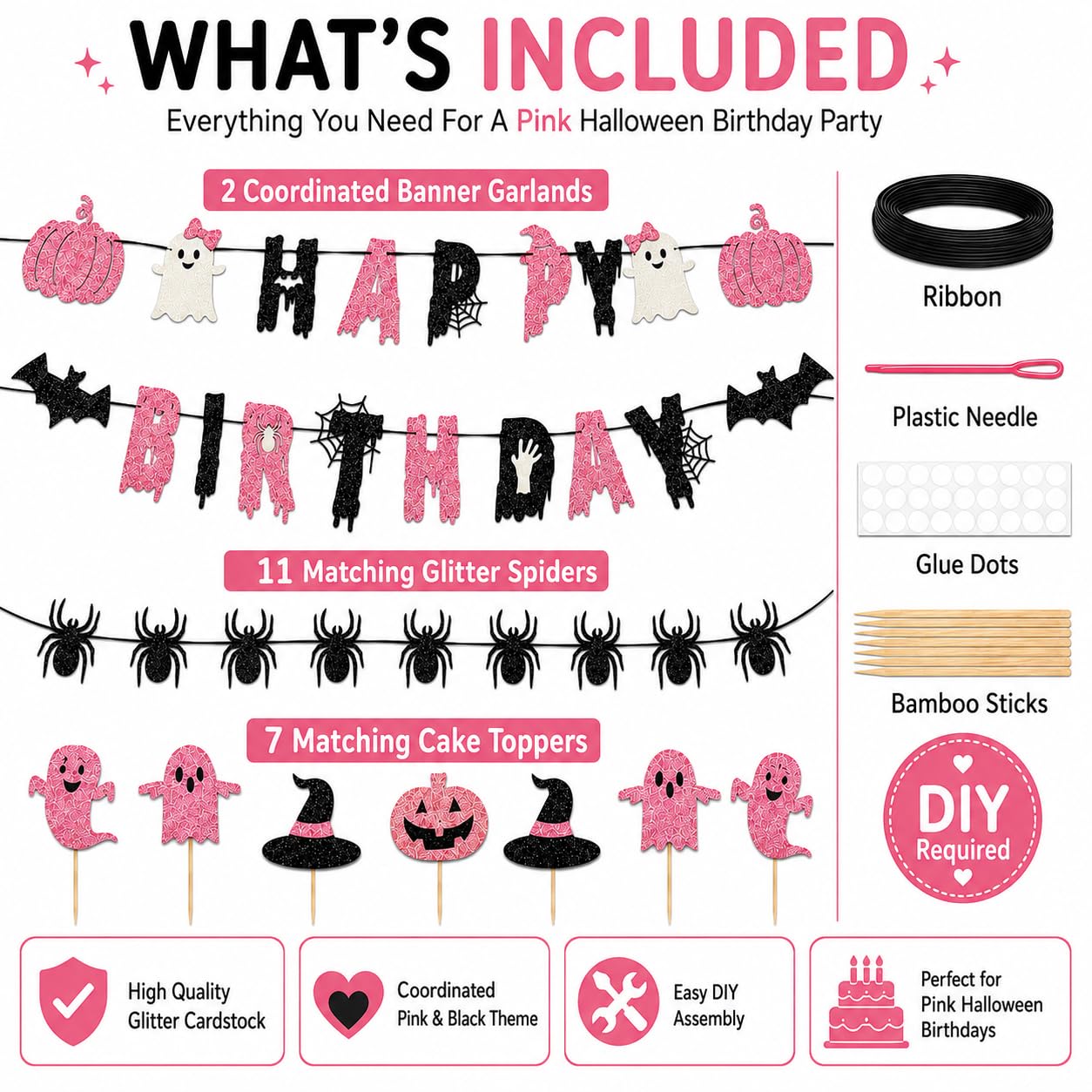 Pink Black Halloween Birthday Decorations, Cute Spooky Happy Birthday Banner with Ghost Pumpkin Bat Spider Garland, Halloween Party Supplies with Cake Toppers for Girls Birthday Party