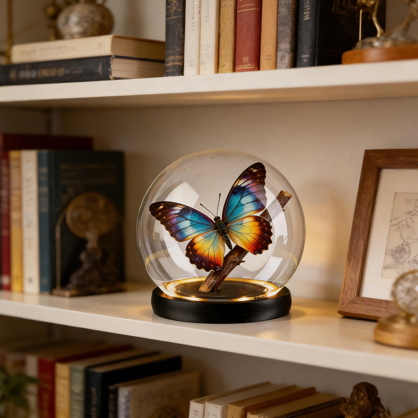 6inch Round Glass Cloche Display Dome with Black LED Lights Base Decorative Glass Display Bell Jar for Plants Keepsakes Collectibles