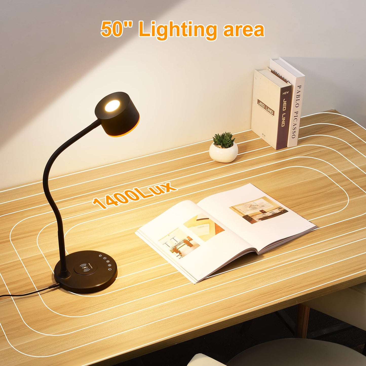 LED Desk Lamp with Wireless Charger, USB C + A Charging Ports, Eye-Caring Metal Bedside Lamp, 5 Colors Stepless Dimmable Reading Lamp, Touch Table Lamp Gooseneck Lamp for Home Office Dorm Black