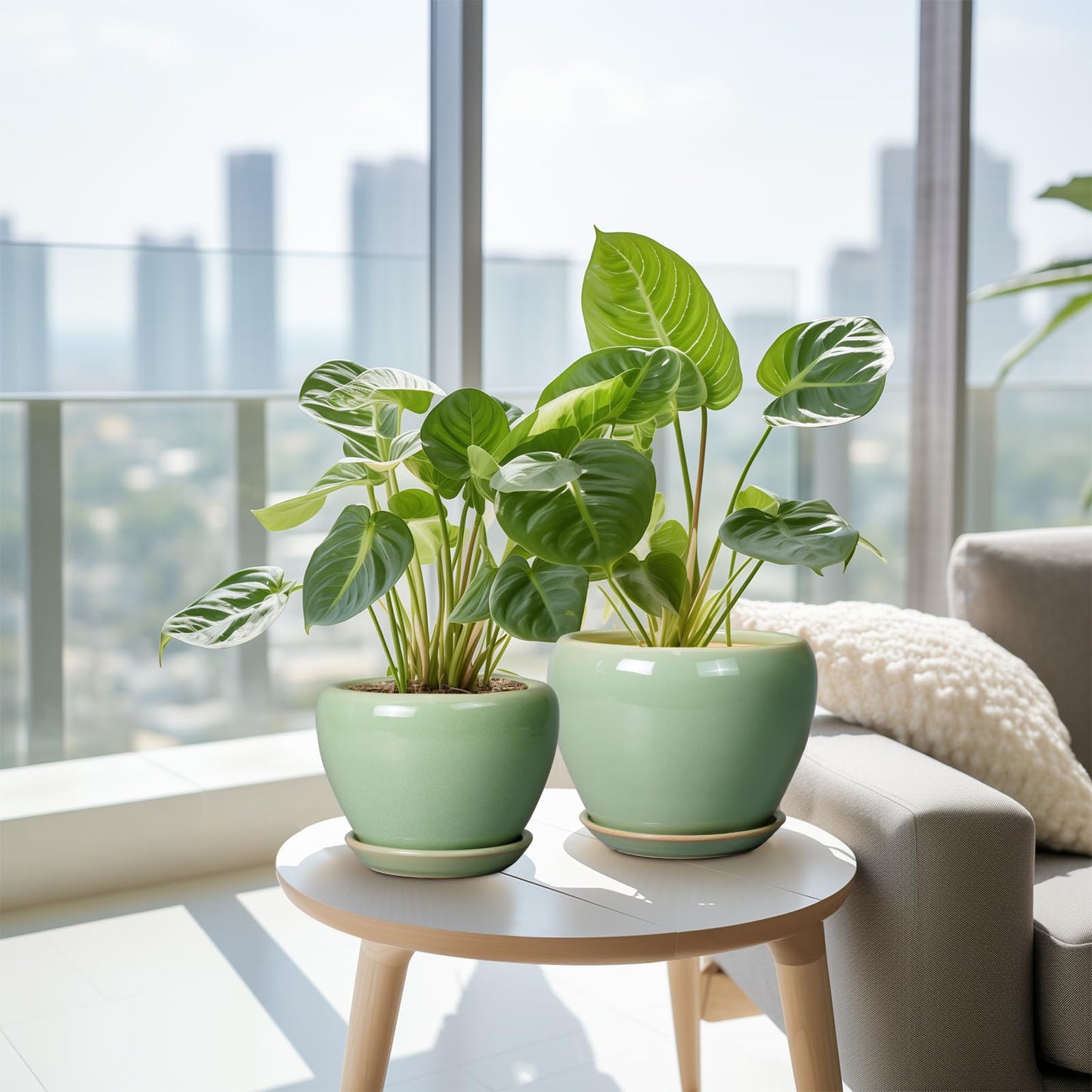 EPFamily Ceramic Pots for Plants - 10/8/6 Inch Flowers Planters with Drainage Holes and Saucers for Indoor Outdoor, Decorative Modern Home House Office Room Decor, Set of 3, Green