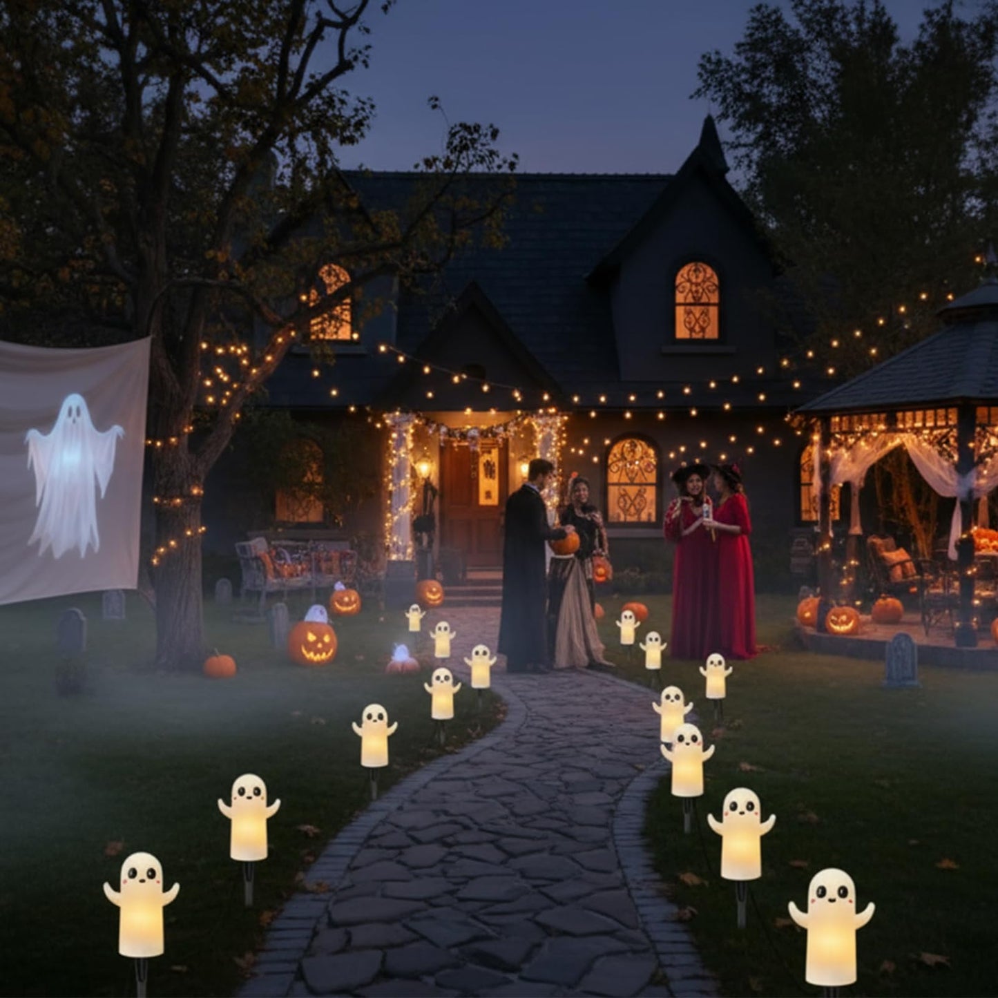 Halloween Ghosts Pathway Lights,4 Pack Ghosts Stake Lights with C7 Clear Bulbs,7Ft Extendable Waterproof Walkway Lights Halloween Decor for Yard Porch Lawn Pathway Garden