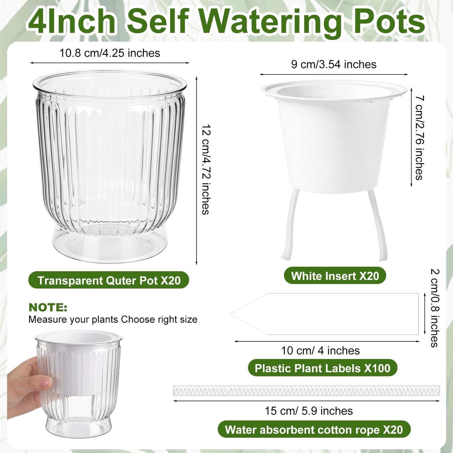 Ferrochef 20 Sets 4 Inch Self Watering Pots Bulk Small Plant Pots with Inner Reservoir, Clear Self Watering Wick Planter Plastic Plant Labels for Indoor Succulents Herbs Flowers Pothos