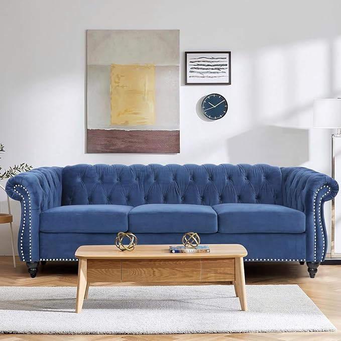 Mid-Century 3 Seater Sofa, Velvet Couch