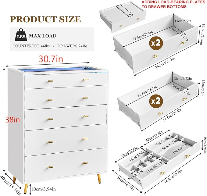 5 Drawer Dresser for Bedroom, 30.7" W x 38" H Tall Tempered Glass Top Dresser