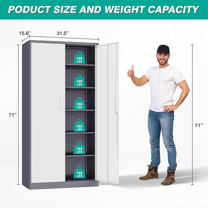 Metal Storage Cabinet with 2 Doors and 6 Shelves, Locking File Cabinet