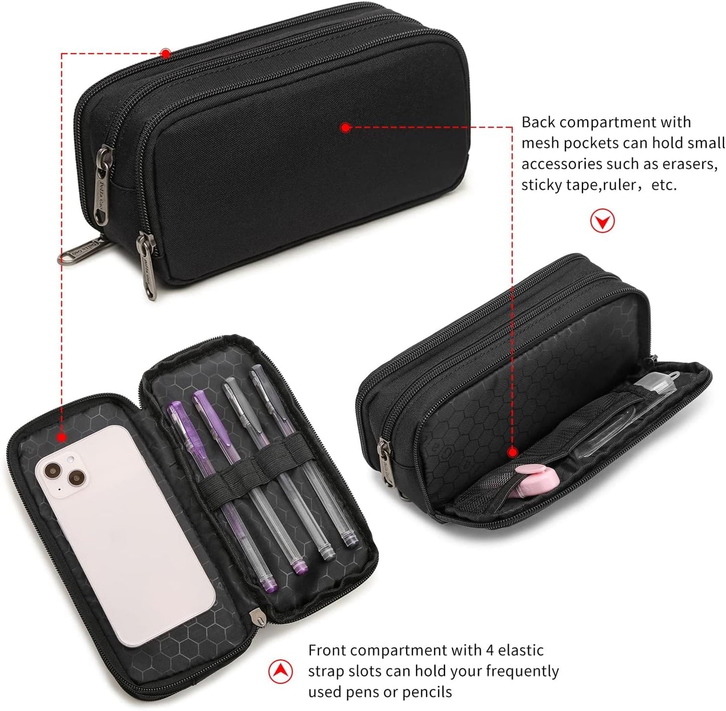 Della Gao Large Capacity Pencil Case, Aesthetic Pencil Pouch with 3 Compartments Nylon Storage Pen Bag Office Stationery Organizer for Women and Men(01-3BK)