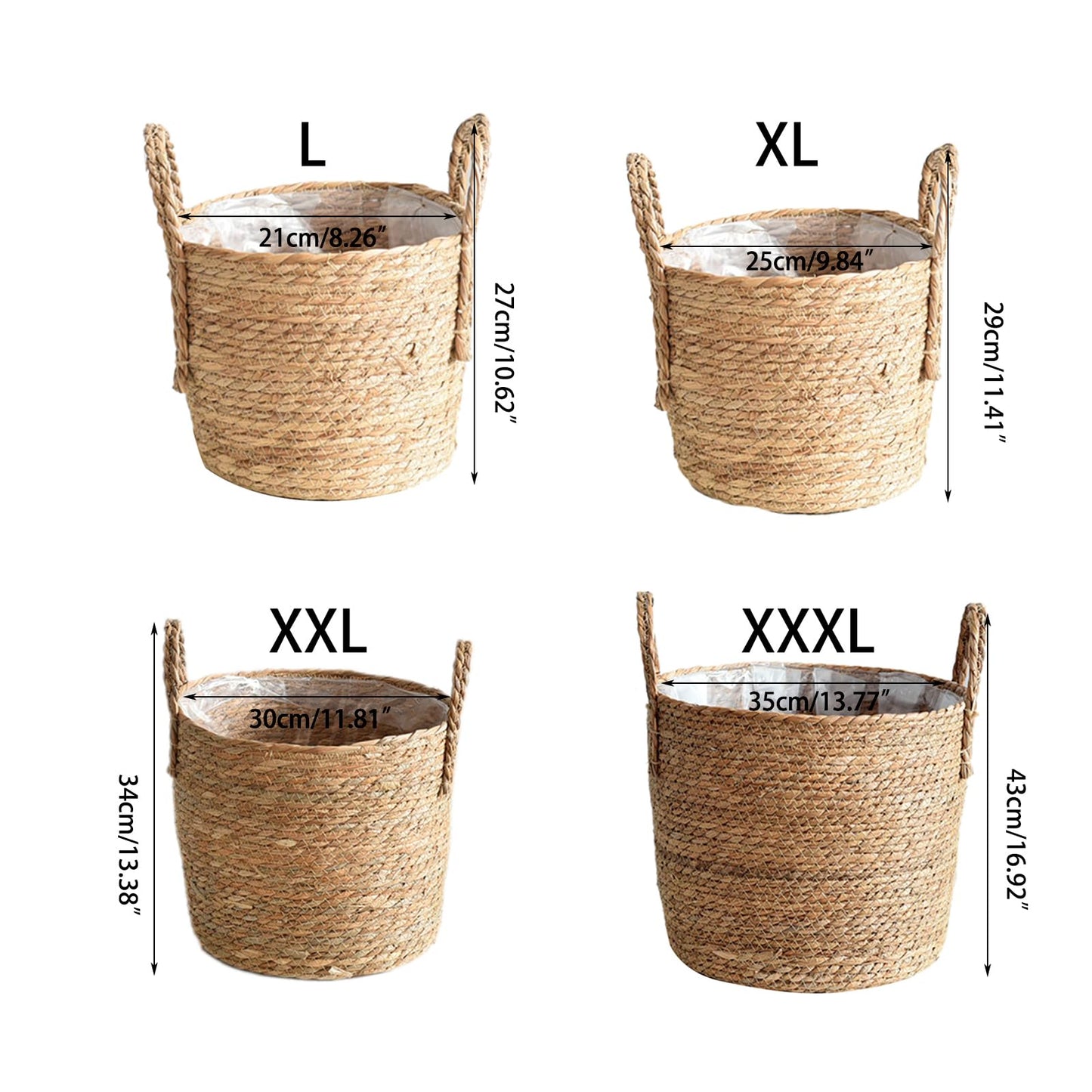 Hqkfuybl Woven Straw Flower Pot, Sea-Grass Planter Basket, Wicker Rattan Vase Sundries Organizers Storage Bins, Hand Woven Basket Planter with Plastics Liners and Handle - L 8.26x10.63inch